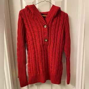 Super cute red sweater. 3/4 bottom up, with hood.